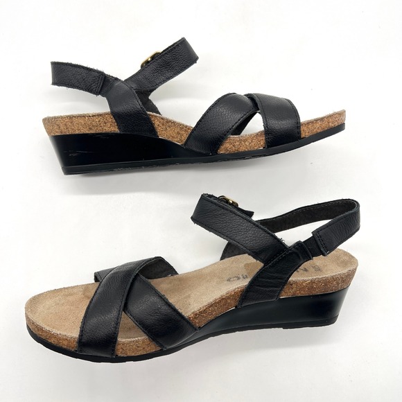 NAOT Throne Criss Cross Leather Wedge Sandal Womens 39 8.5 Black Ankle Strap - Picture 5 of 13